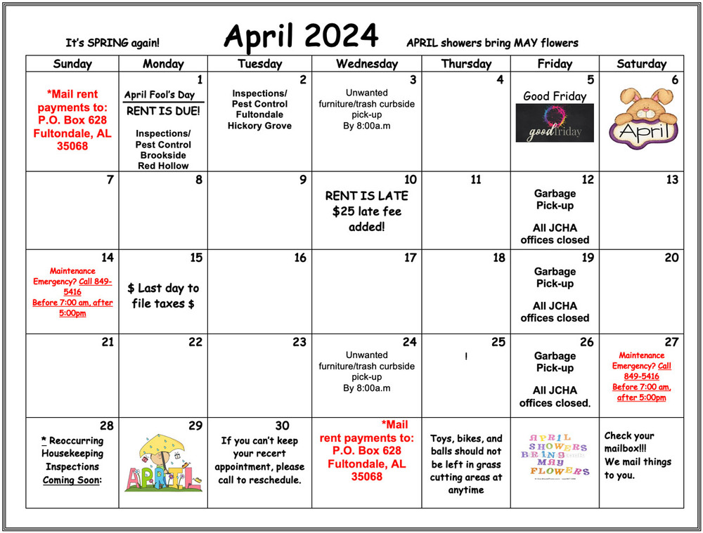 April 2024 Fultondale calendar, all information as listed below.