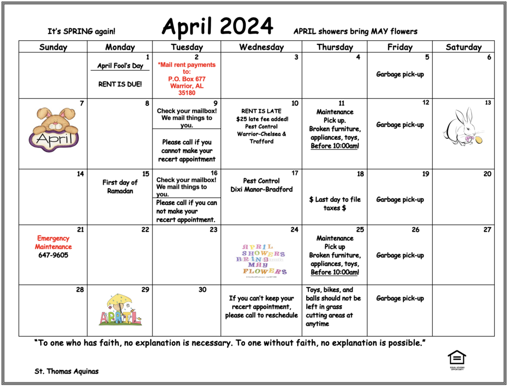 April 2024 Warrior Calendar, all information as listed below.
