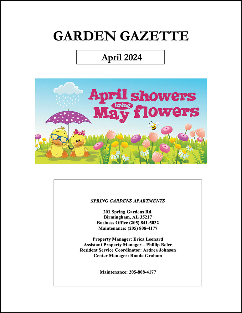 April 2024 Garden Gazette Newsletter, all information as listed below.
