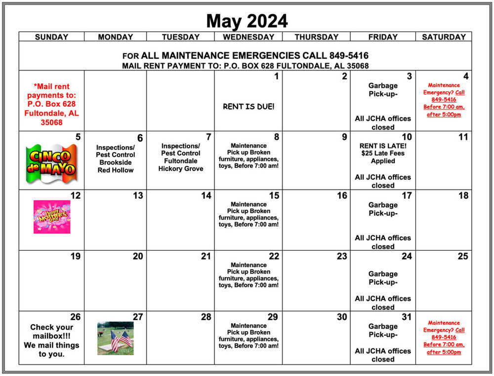 May 2024 Fultondale calendar, all information as listed below.