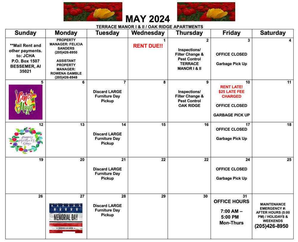 May 2024 Bessemer calendar, all information as listed below.