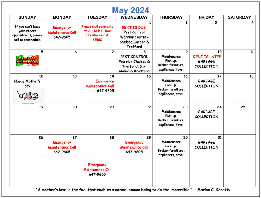 May 2024 Warrior Calendar, all information as listed below.