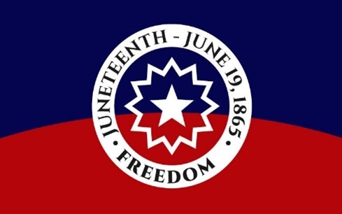 Freedom, Juneteenth - June 19, 1865 written in a circle with a red and blue split background.