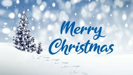 The words Merry Christmas with a snowy and a tree in the background.