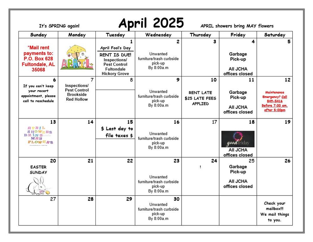 Fultondale April 2025 Calendar, all information as listed below.