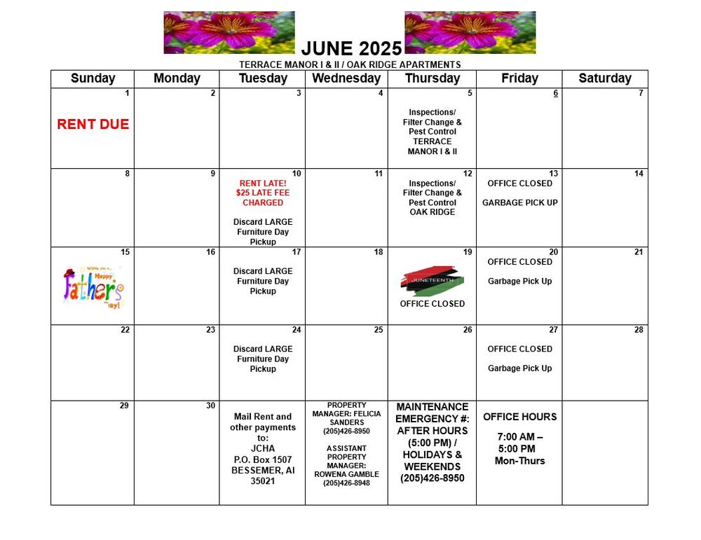 June 2025 Bessemer Calendar, all information as listed below.