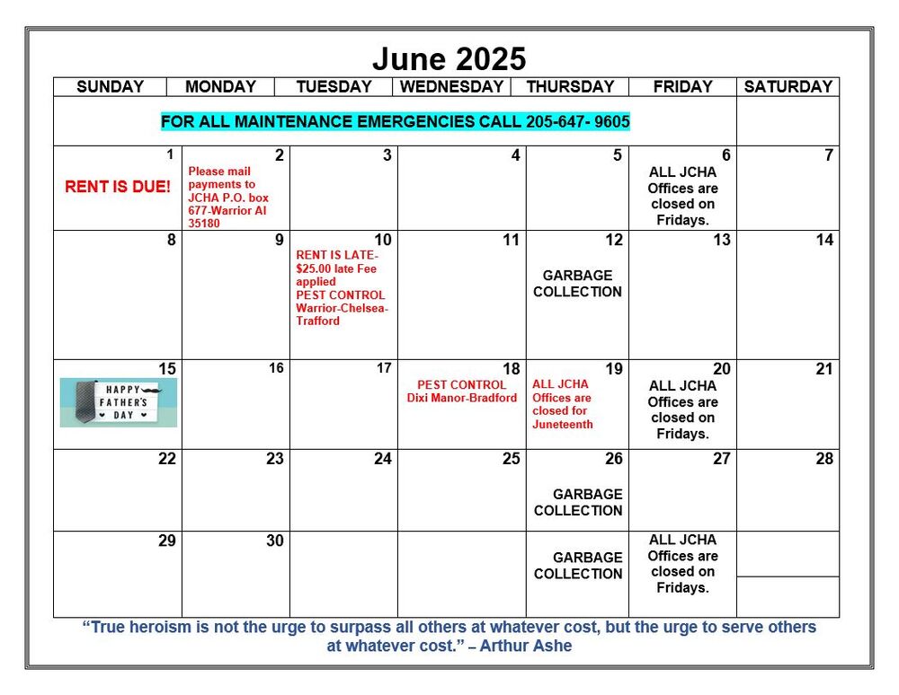 June 2025 Warrior Calendar, all information as listed below.