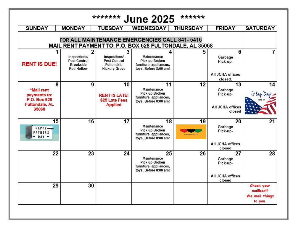 June 2025 Fultondale Calendar, all information as listed below.