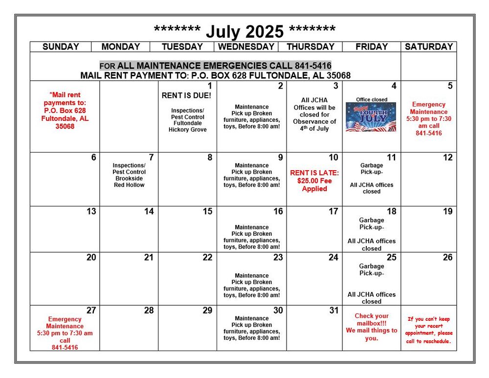 July 2025 Fultondale Calendar, all information as listed below.