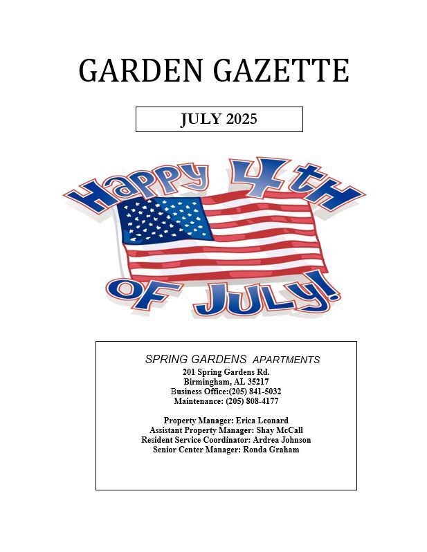 July 2025 Garden Gazette Newsletter, all information as listed below.