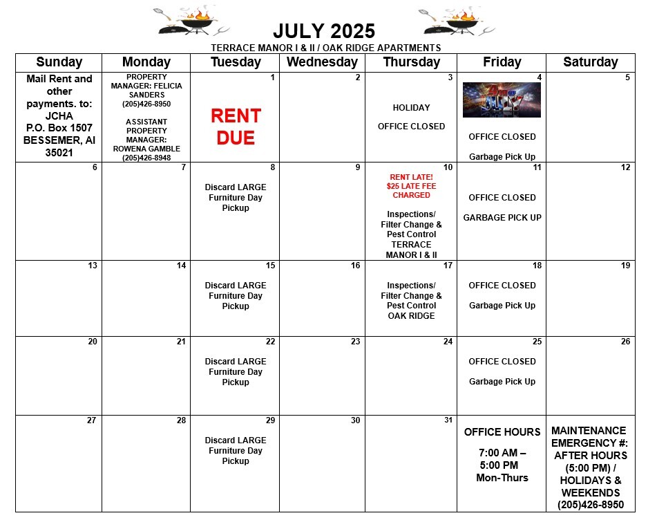 July 2025 Bessemer Calendar. All information as listed below.