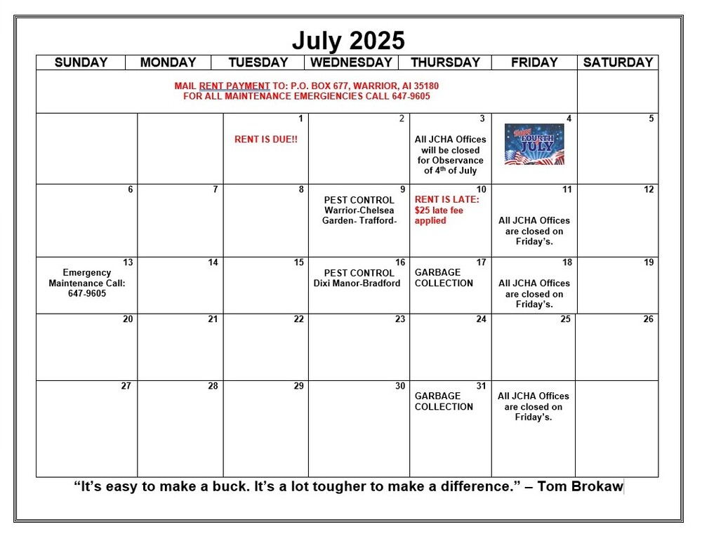 July 2025 Warrior Calendar. All information as listed below.