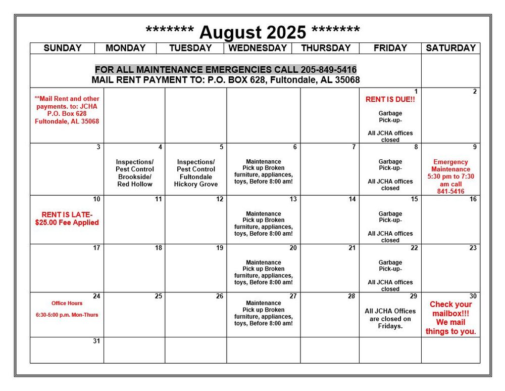Fultondale August 2025 Calendar, all information as listed below.