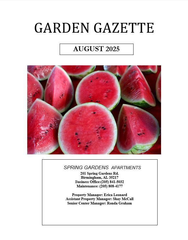 August 2025 Garden Gazette, all information as listed below.