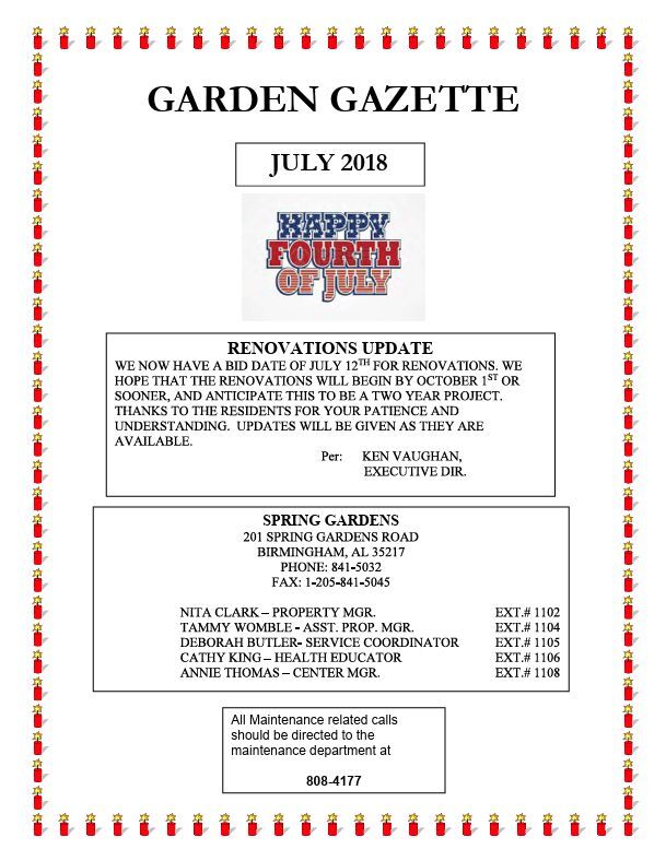 July 2018 Garden Gazette, all information as listed below.