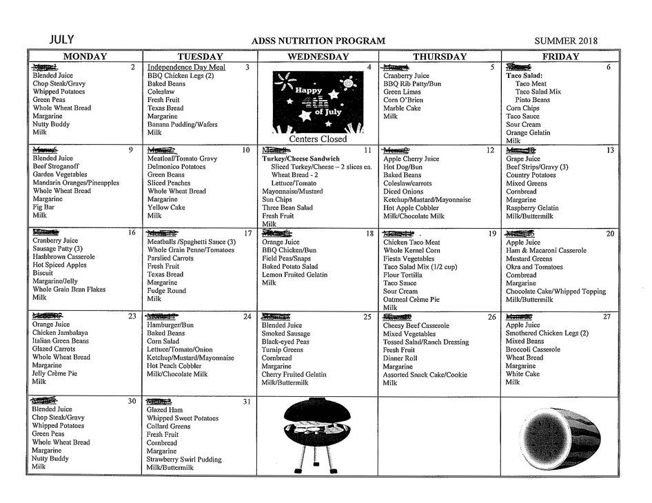 July 2018 Garden Gazette Menu, all information as listed below.