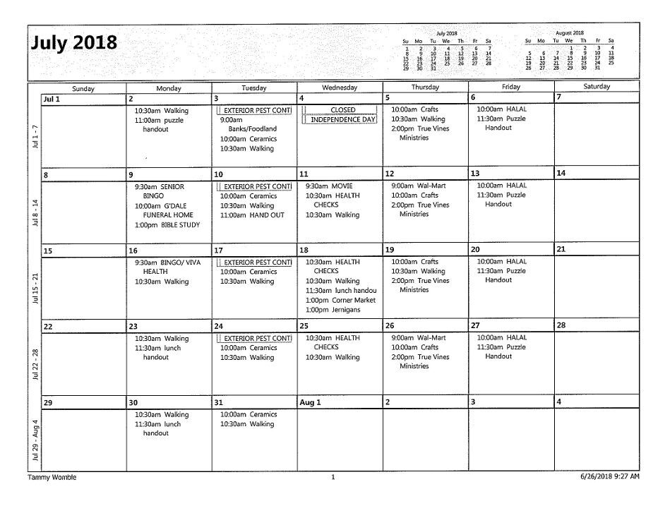 July 2018 Garden Gazette Event Calendar, all information as listed below.