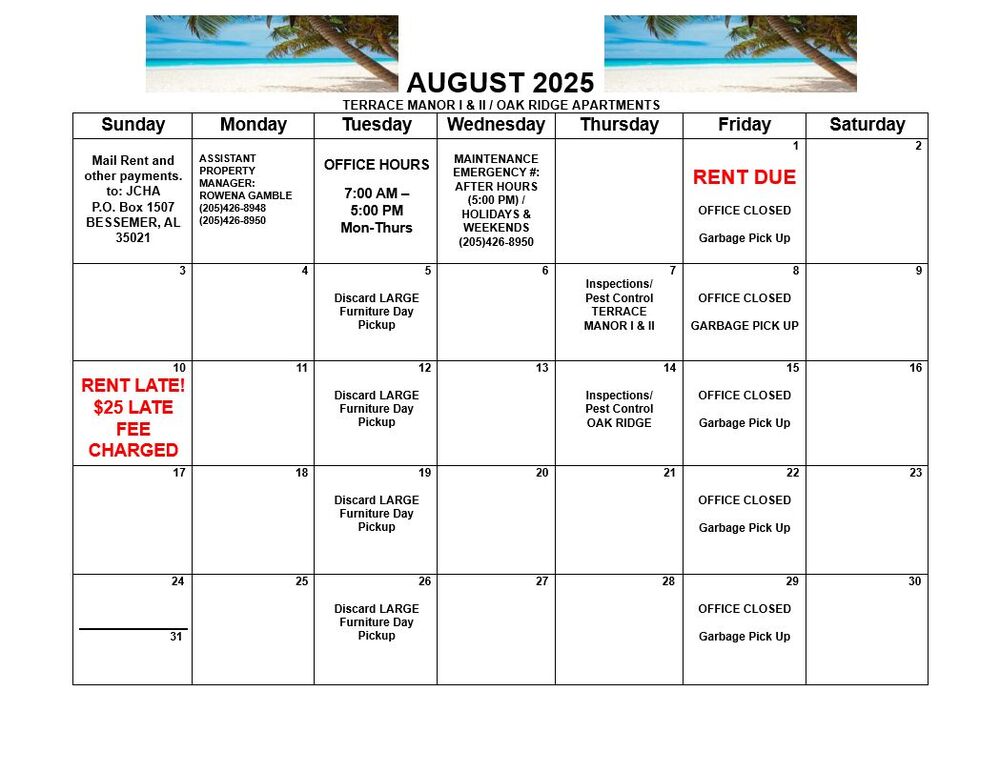 August 2025 Bessemer Calendar, all information as listed below.
