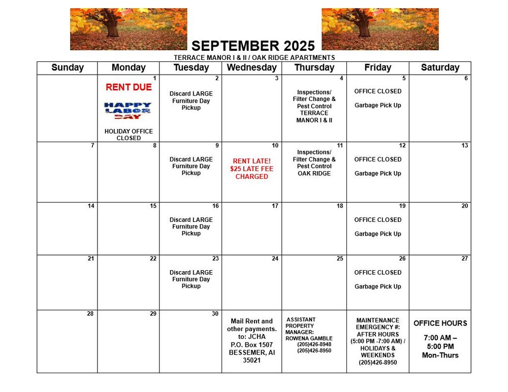 Bessemer September 2025 Calendar, all information as listed below.