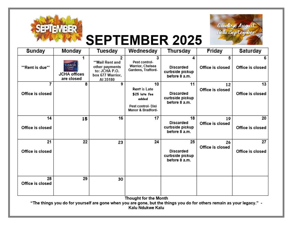 Warrior September 2025 Calendar, all information as listed below.