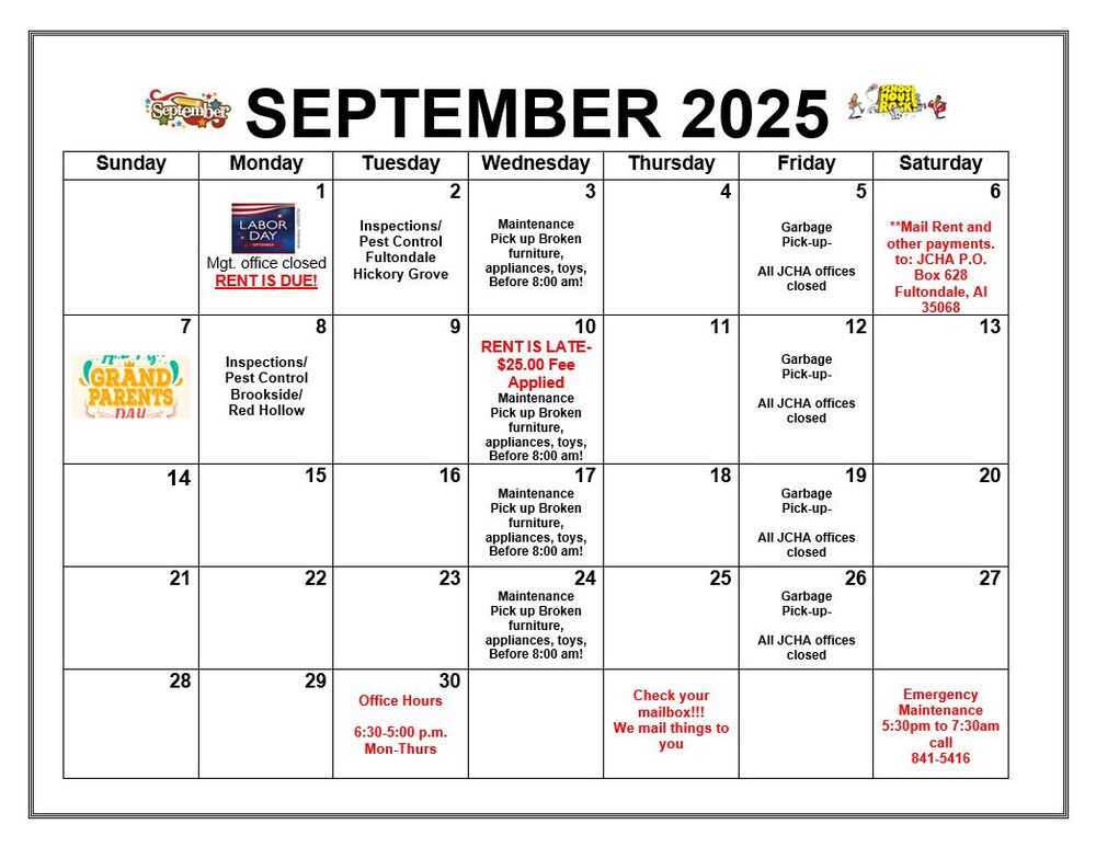 Fultondale September 2025 Calendar, all information as listed below.