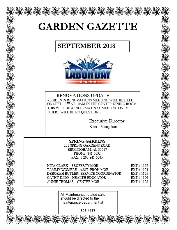 Garden Gazette Sept 2018. All information as listed below.