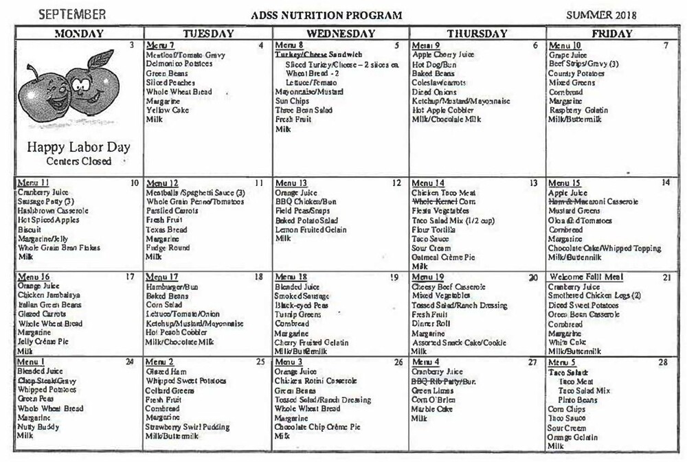 ADSS Nutrition Program menu. All information as listed below.