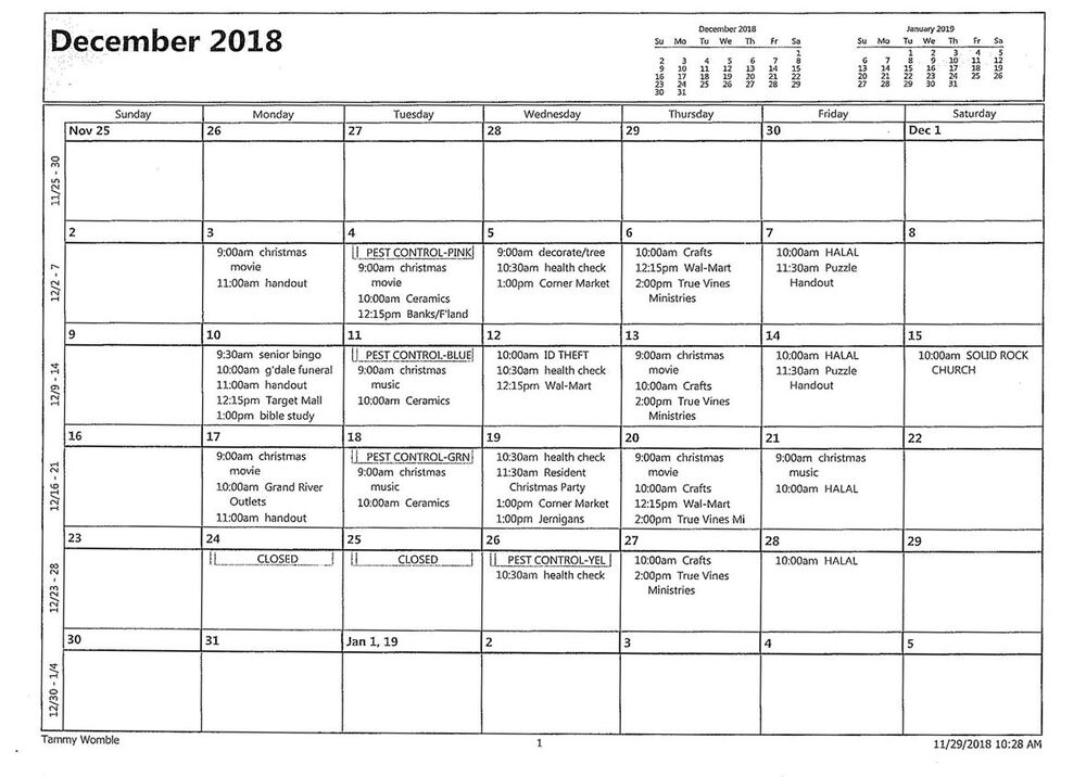 December 2018 Garden Gazette - Activity Calendar, all information as listed below.
