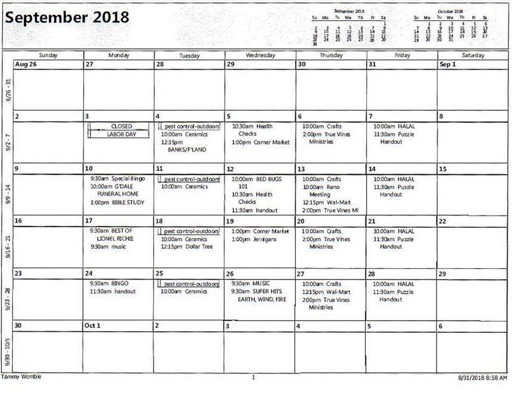 September 2018 Calendar. All information as listed below.