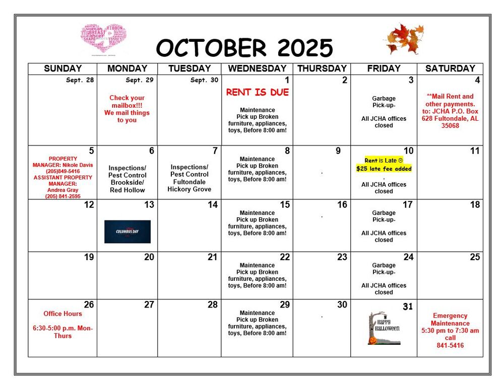 Fultondale October 2025 Calendar, all information as listed below.