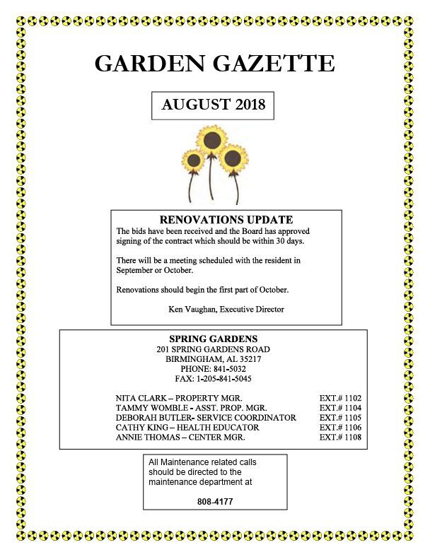 August 2018 Garden Gazette Newsletter, all information as listed below.