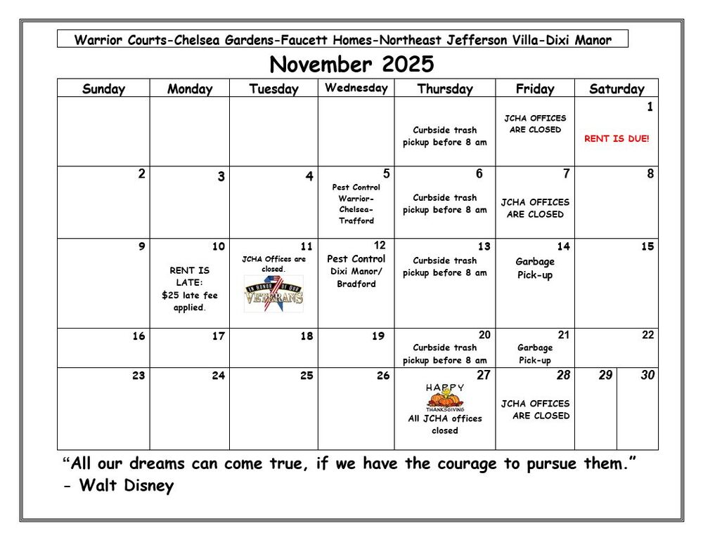 Warrior November 2025 Calendar, all information as listed below.