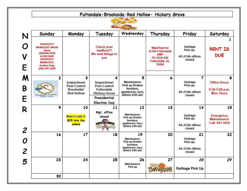 November 2025 Fultondale Calendar, all information as listed below.
