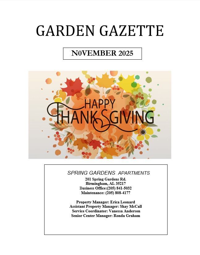 November 2025 Garden Gazette Newsletter, all information as listed below.