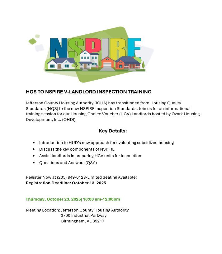 JCHA NSPIRE Training Flyer, all information as listed below.