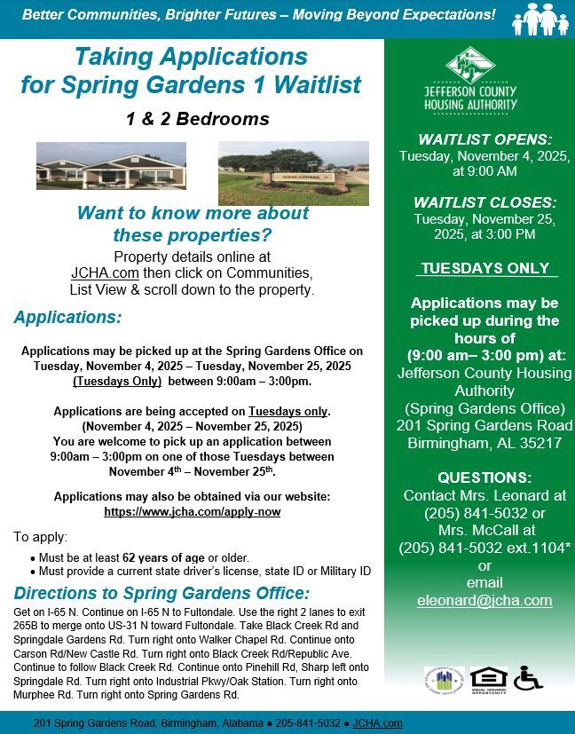 November 4-25 Spring Gardens 1 Waitlist, all information as listed below.