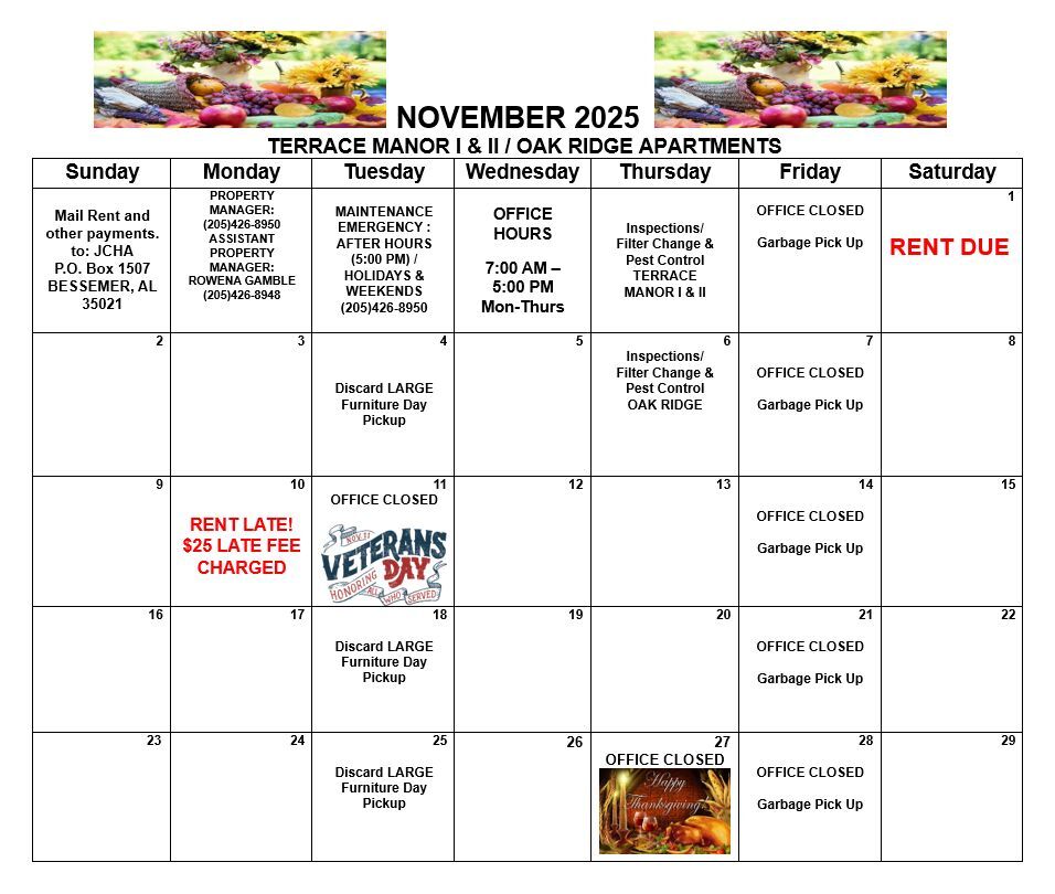 Bessemer November 2025 Calendar, all information as listed below.