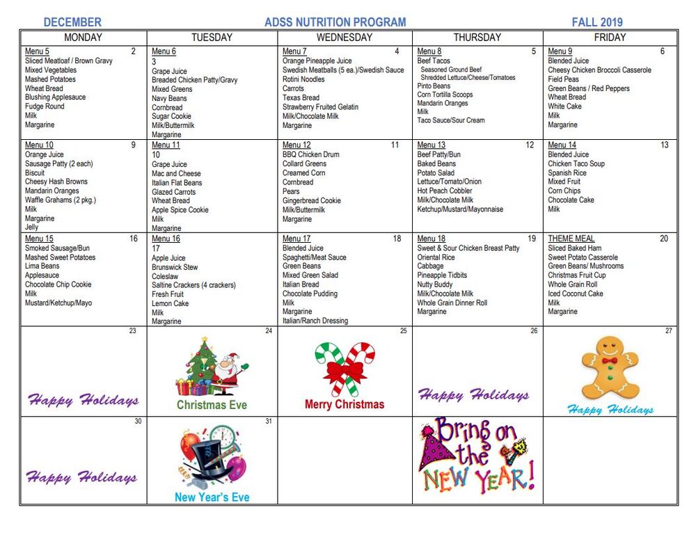 December 2019 Spring Gardens Menu, all information as listed below.