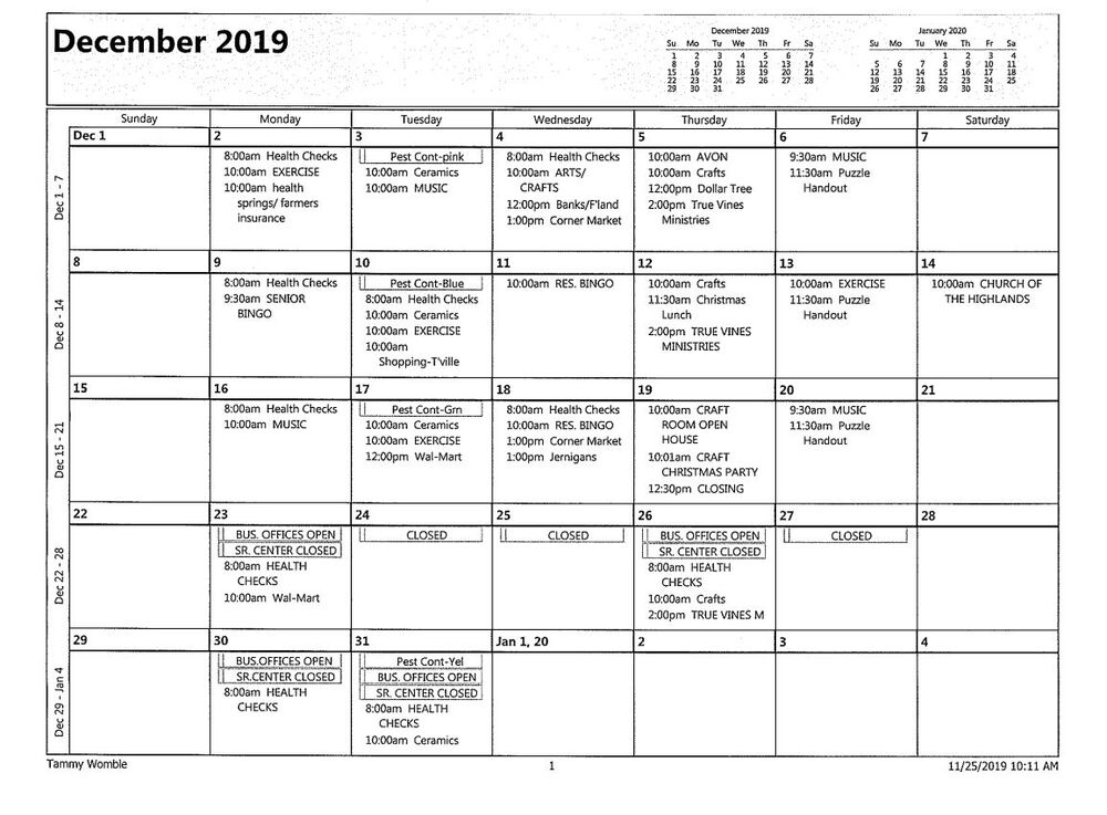 December 2019 Spring Gardens Calendar, all information as listed below.