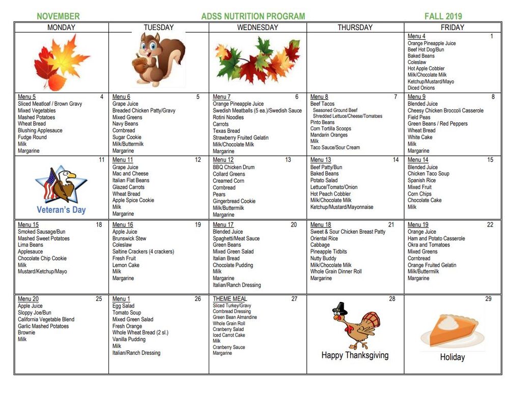 November 2019 Spring Gardens Menu, all information as listed below.