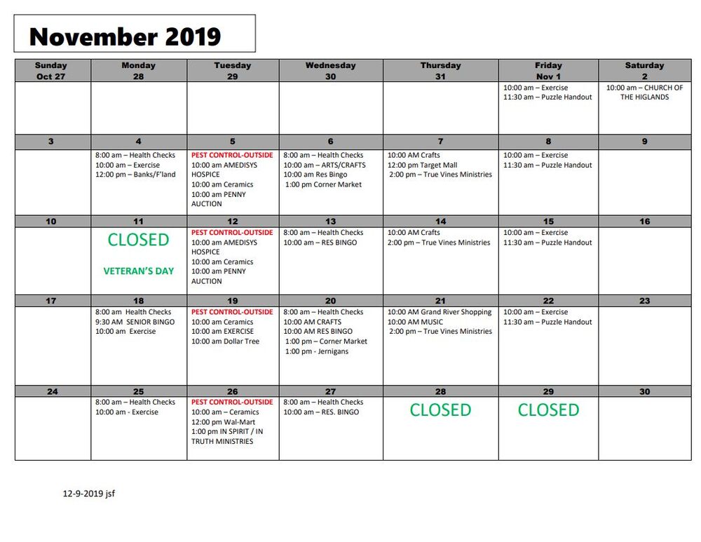 November 2019 Spring Gardens Calendar, all information as listed below.