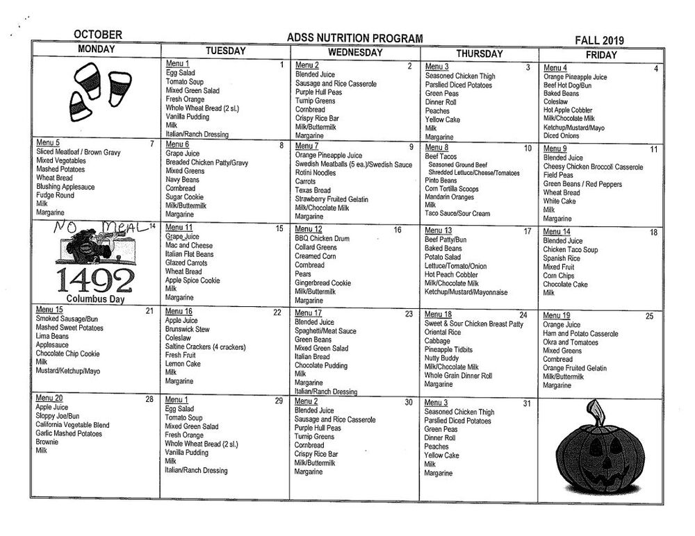 October 2019 Spring Gardens Menu, all information as listed below.
