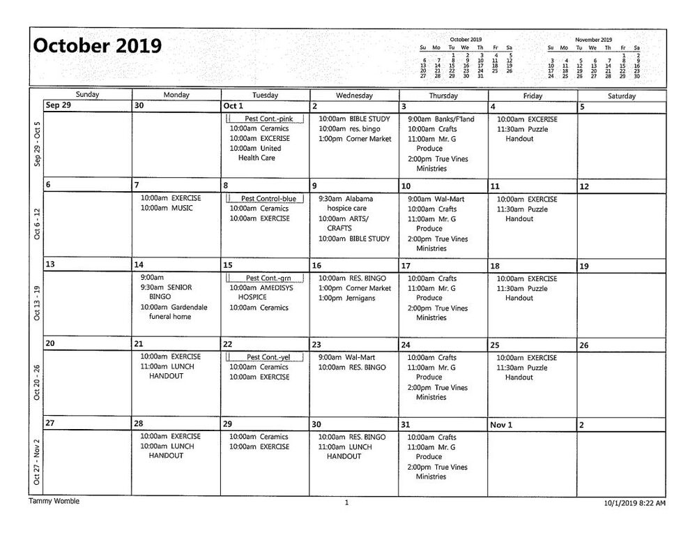 October 2019 Spring Gardens Calendar, all information as listed below.