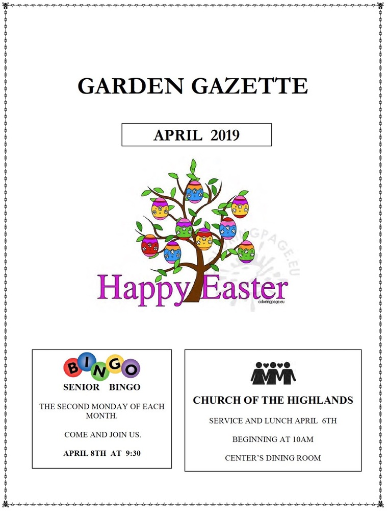 Garden Gazzette Newsletter April 2019 art with a tree filled with Easter Eggs and the words Happy Easter.
