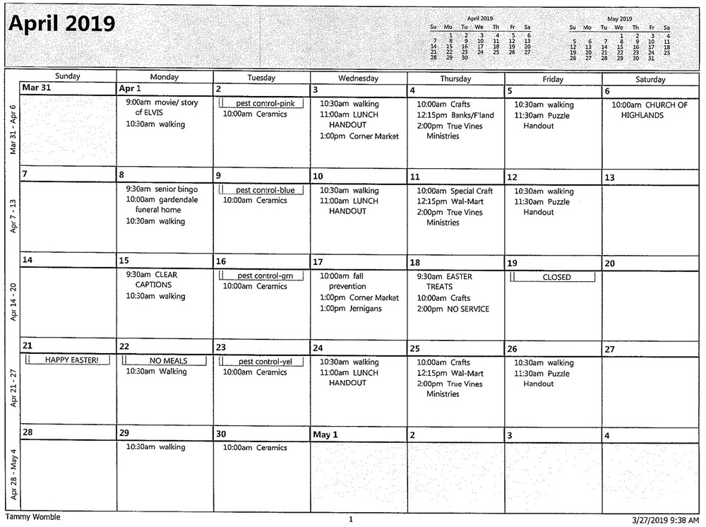 April 2019 Calendar, all information as listed below.