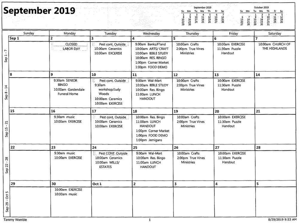 September 2019 Calendar, all information as listed below.