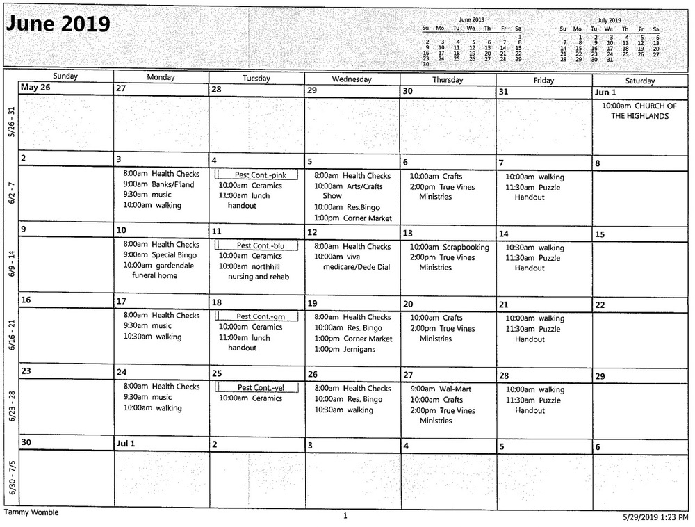 June 2019 Calendar, all information as listed below.