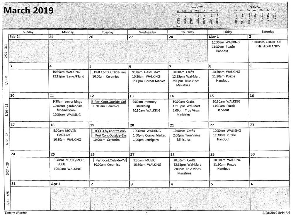 March 2019 Calendar, all information as listed below.