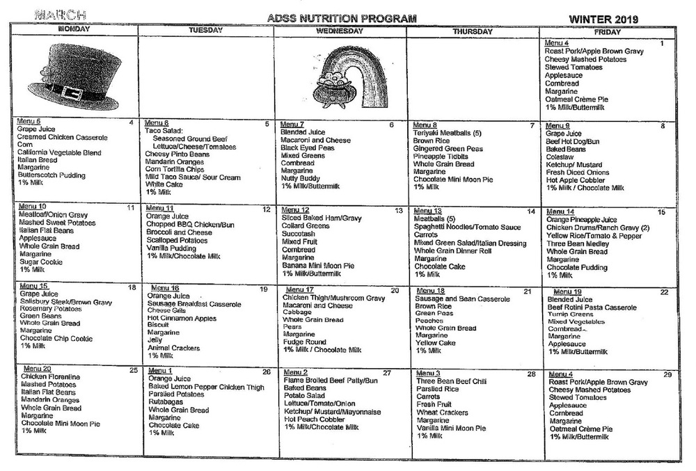 March ADSS Nutrition Program, all information as listed below.