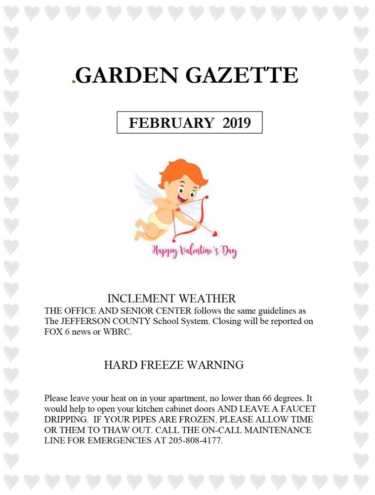 February 2018 Garden Gazette, all information as listed below.